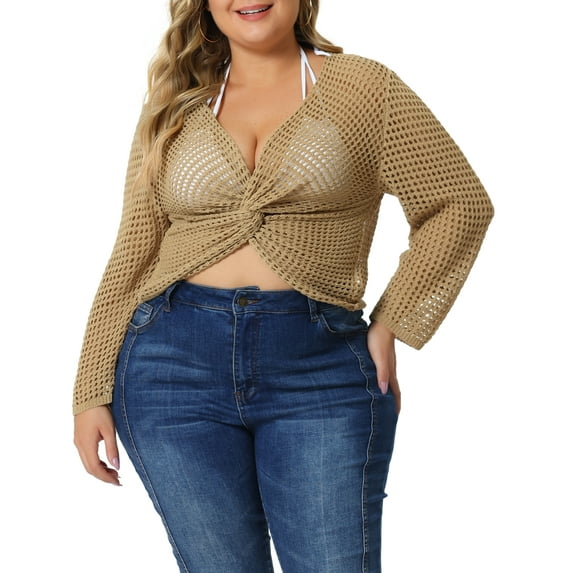 Unique Bargains Women's Plus Size Knitted V-Neck Ruched Cross Hollow Out Long Sleeve Tops 1X Light Camel
