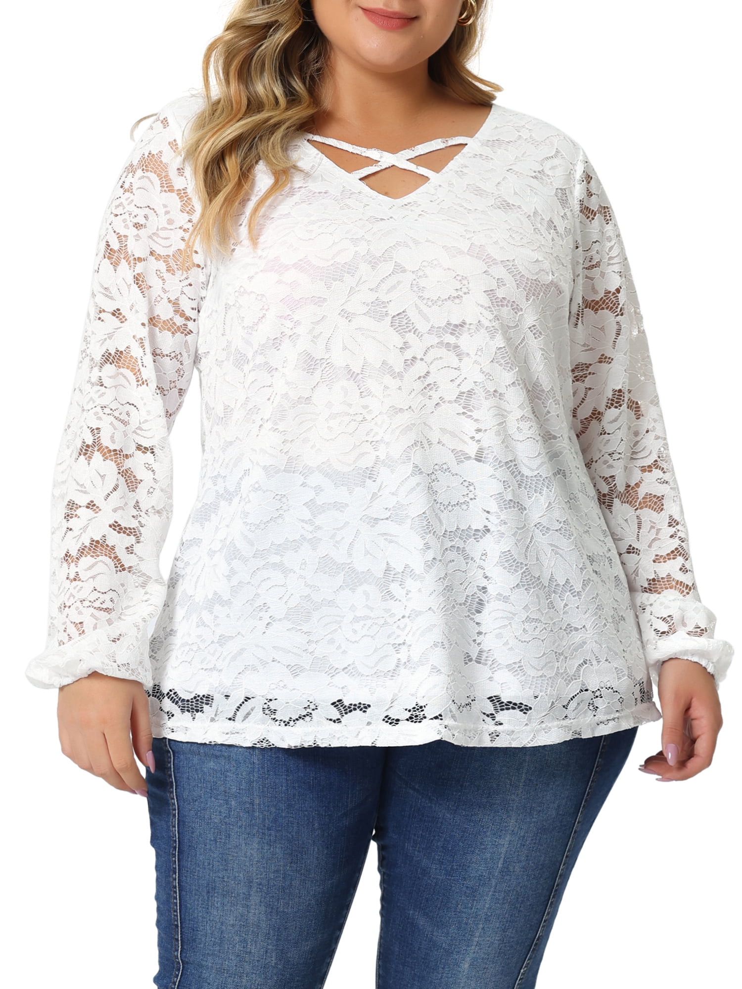 Verno Womens Plus Size Tops Long Sleeve Lace Pleated Shirts Flowy Tunic  Blouses
