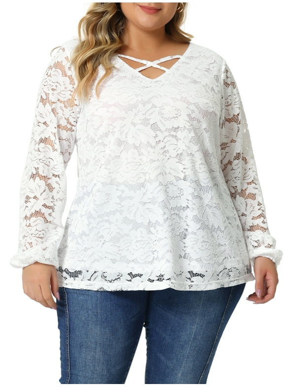 Unique Bargains Women's Plus Size Lace Blouse Sheer Elastic Cuff Layer Cross V Neck Tops 1X White