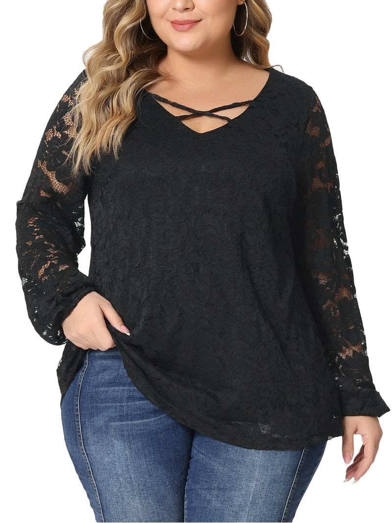 Unique Bargains Women's Plus Size Lace Blouse Sheer Elastic