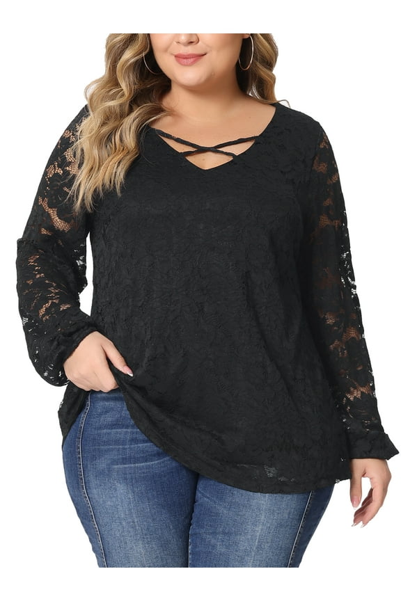 Women's Plus Size Lace Blouse Sheer Elastic Cuff Layer Cross V Neck Tops 4X Black