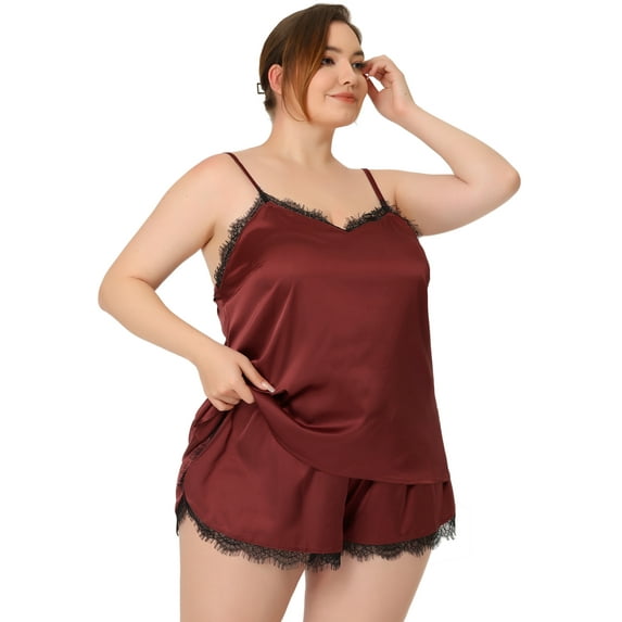 Unique Bargains Women's Plus Size Lace Panel Cami Elastic Waist Pajama Sleepwear Sets