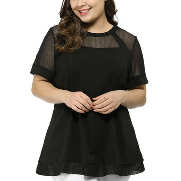 Unique Bargains Women's Plus Size Lace Short Sleeve Swing Mesh Peplum Top