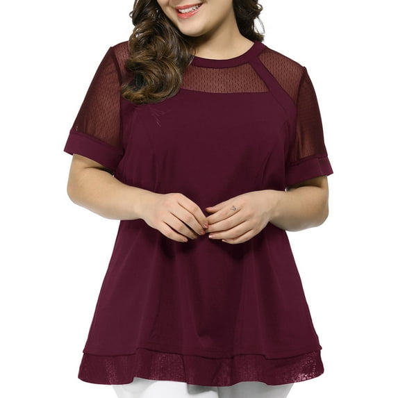 Unique Bargains Women's Plus Size Lace Short Sleeve Swing Mesh Peplum Top