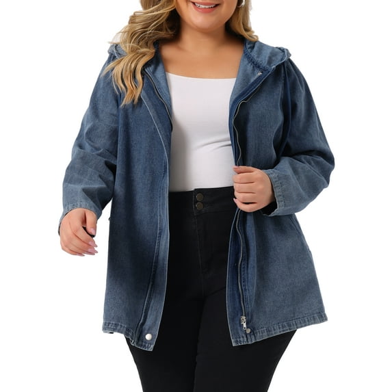 Unique Bargains Women's Plus Size Layered Drawstring Hood Denim Utility Jacket