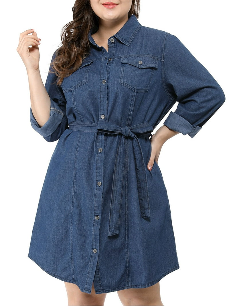 DARING DIVA Plus Size Long Sleeve Belted Above Knee Denim Shirt