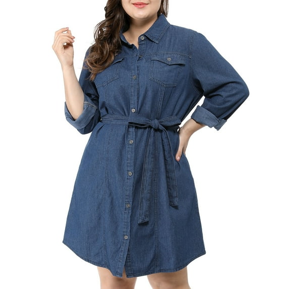 DARING DIVA Plus Size Long Sleeve Belted Above Knee Denim Shirt Dress 1X Blue