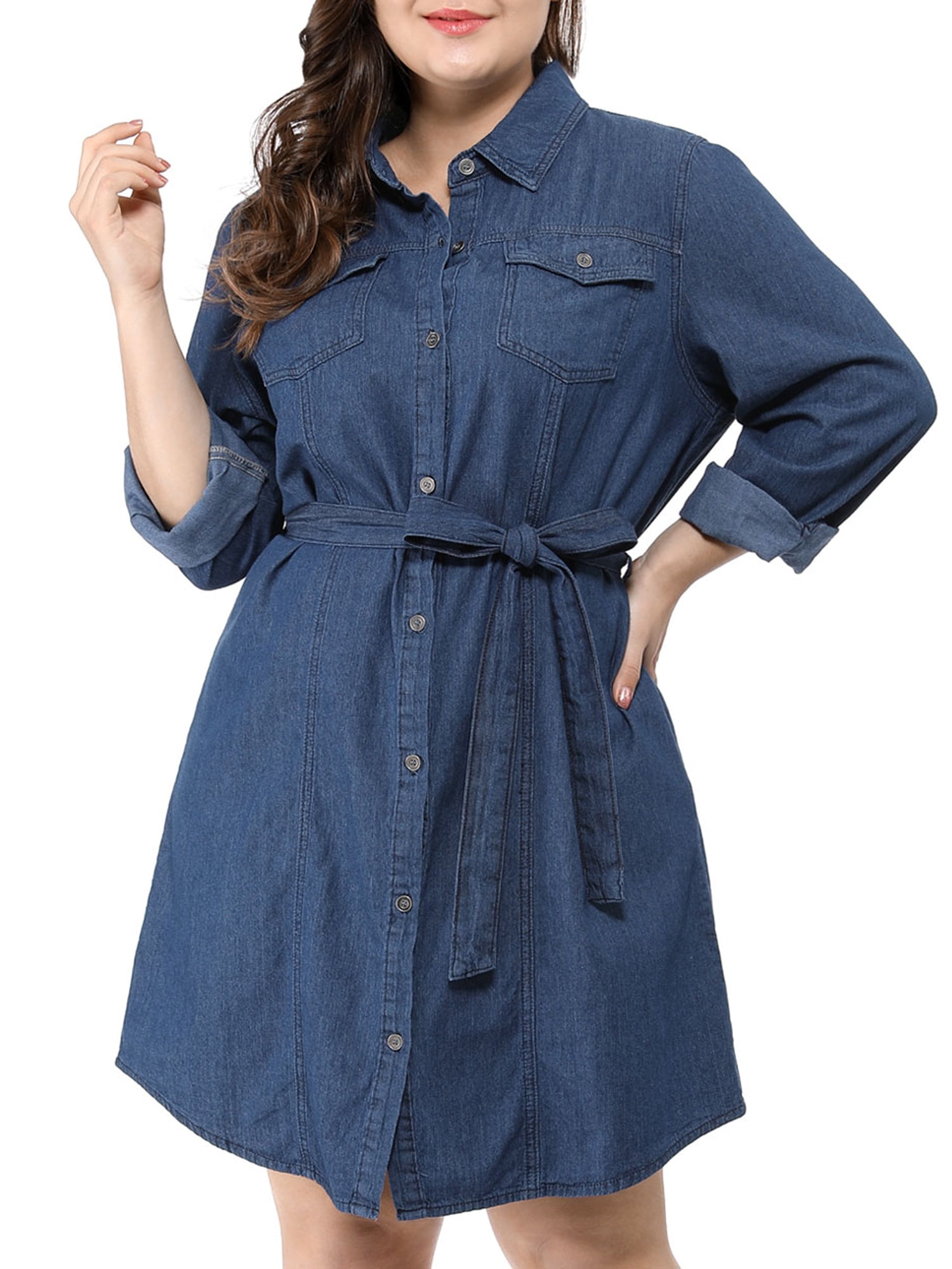 Unique Bargains Women s Plus Size Long Sleeve Belted Above Knee Denim Shirt Dress 3X Blue Walmart