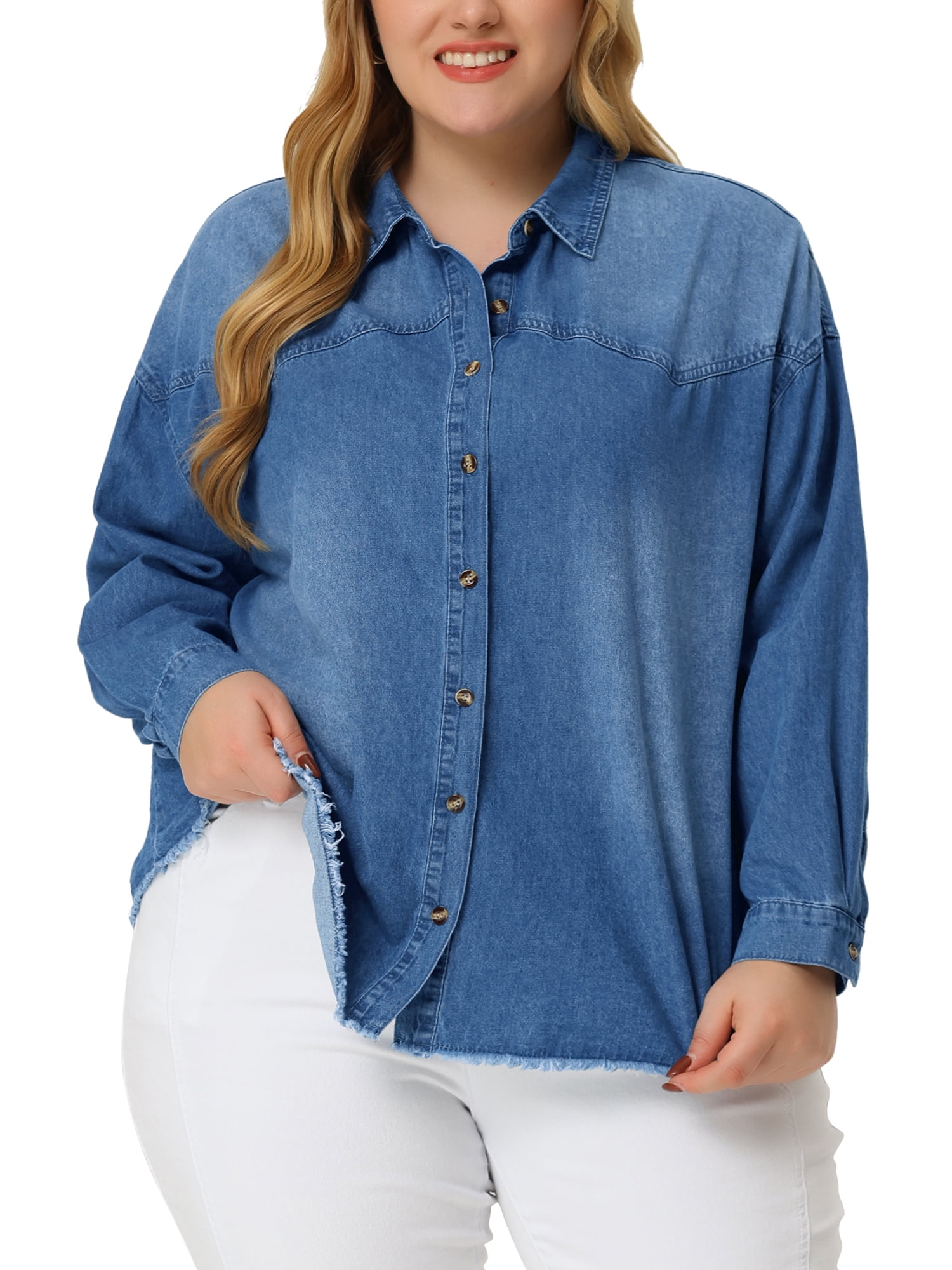 Unique Bargains Women's Plus Size Long Sleeve Button Down Denim Shirt 2X  Light Blue