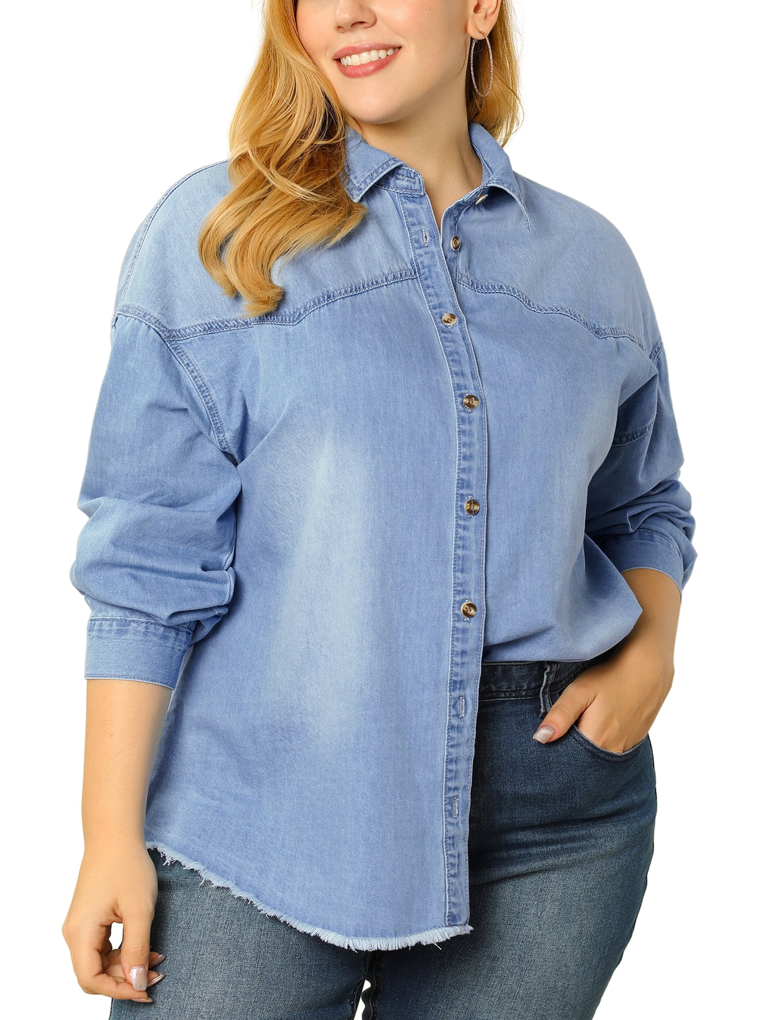 Unique Bargains Women's Plus Size Long Sleeve Button Down Denim Shirt