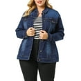 thumbnail image 1 of Unique Bargains Women's Plus Size Long Sleeve Button Front Washed Denim Jacket, 1 of 7
