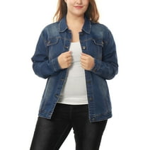 Unique Bargains Women's Plus Size Long Sleeve Button Front Washed Denim Jacket