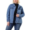 thumbnail image 1 of Unique Bargains Women's Plus Size Long Sleeve Button Front Washed Denim Jacket, 1 of 7
