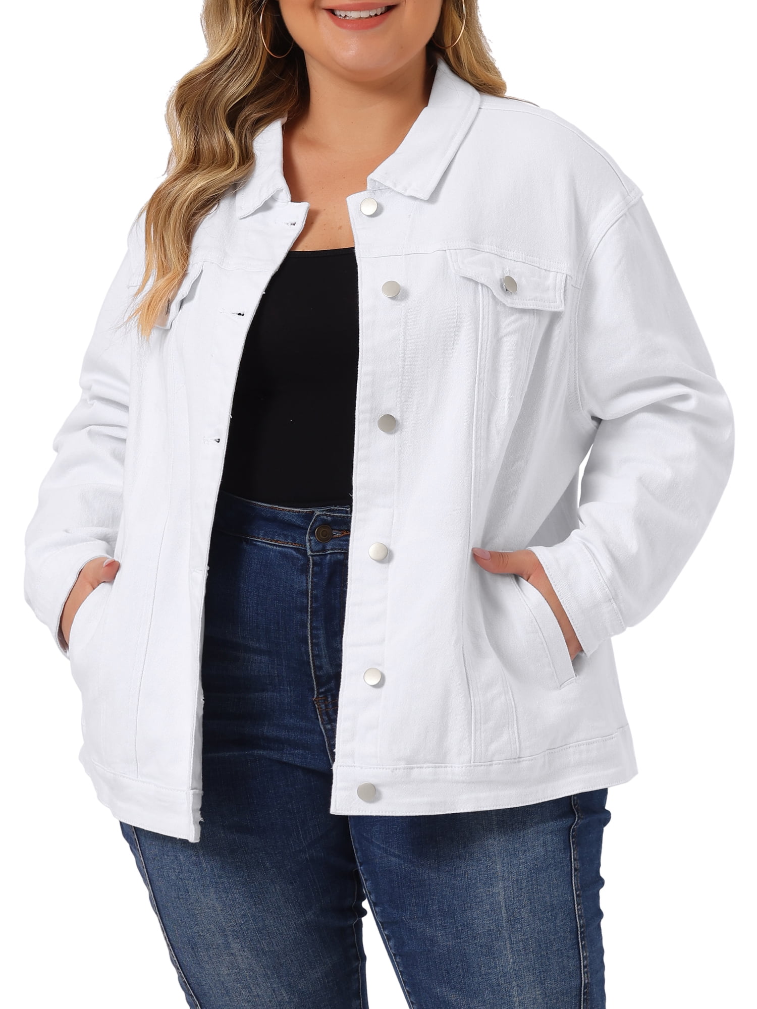 Unique Bargains Women s Plus Size Long Sleeve Button Front Washed Denim Jacket Size 1XL Blue