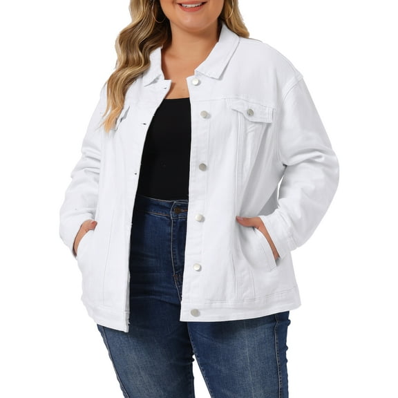 Unique Bargains Women's Plus Size Long Sleeve Button Front Washed Denim Jacket