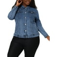 thumbnail image 1 of Unique Bargains Women's Plus Size Long Sleeve Button Front Washed Denim Jacket, 1 of 7