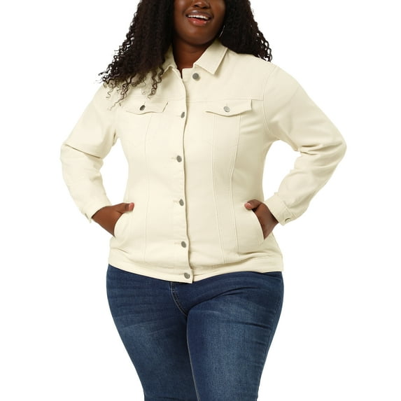 Unique Bargains Women's Plus Size Long Sleeve Button Front Washed Denim Jacket