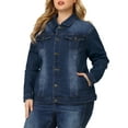 thumbnail image 1 of Unique Bargains Women's Plus Size Long Sleeve Button Front Washed Denim Jacket, 1 of 7