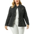 thumbnail image 1 of Unique Bargains Women's Plus Size Long Sleeve Button Front Washed Denim Jacket, 1 of 7