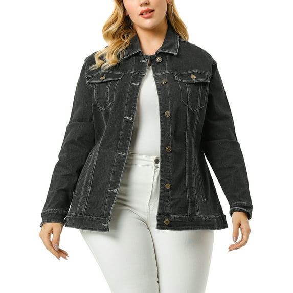 Unique Bargains Women's Plus Size Long Sleeve Button Front Washed Denim Jacket