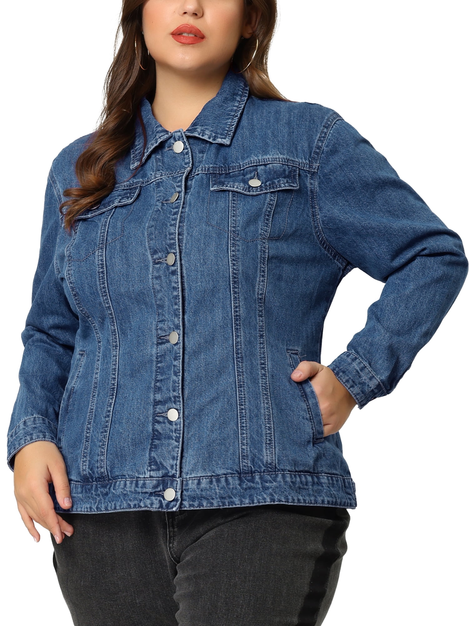 Unique Bargains Women's Plus Size Long Sleeve Button Front Washed Denim Jacket