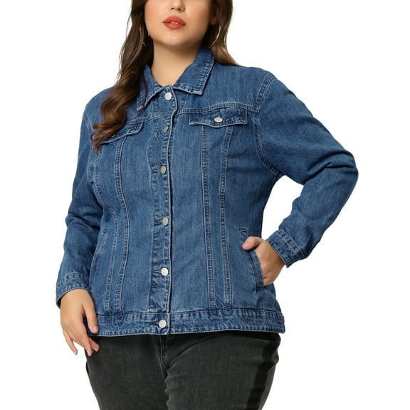 Unique Bargains Women's Plus Size Long Sleeve Button Front Washed Denim Jacket