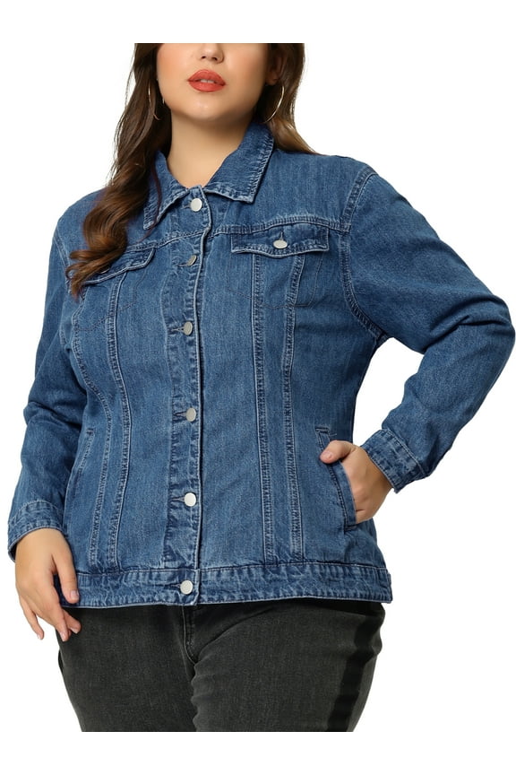 Women's Plus Size Long Sleeve Button Front Washed Denim Jacket