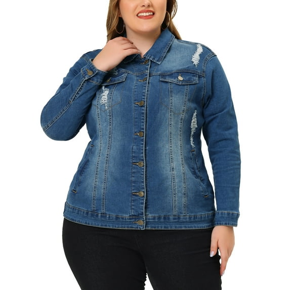Unique Bargains Women's Plus Size Long Sleeve Button Front Washed Denim Jacket