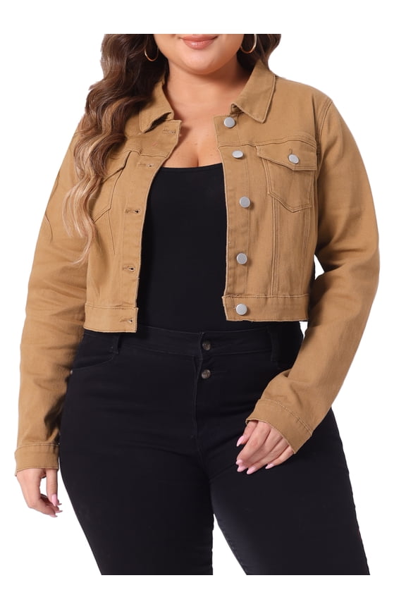 Unique Bargains Women's Plus Size Long Sleeve Jean Button Cropped Denim Jacket 2X Brown
