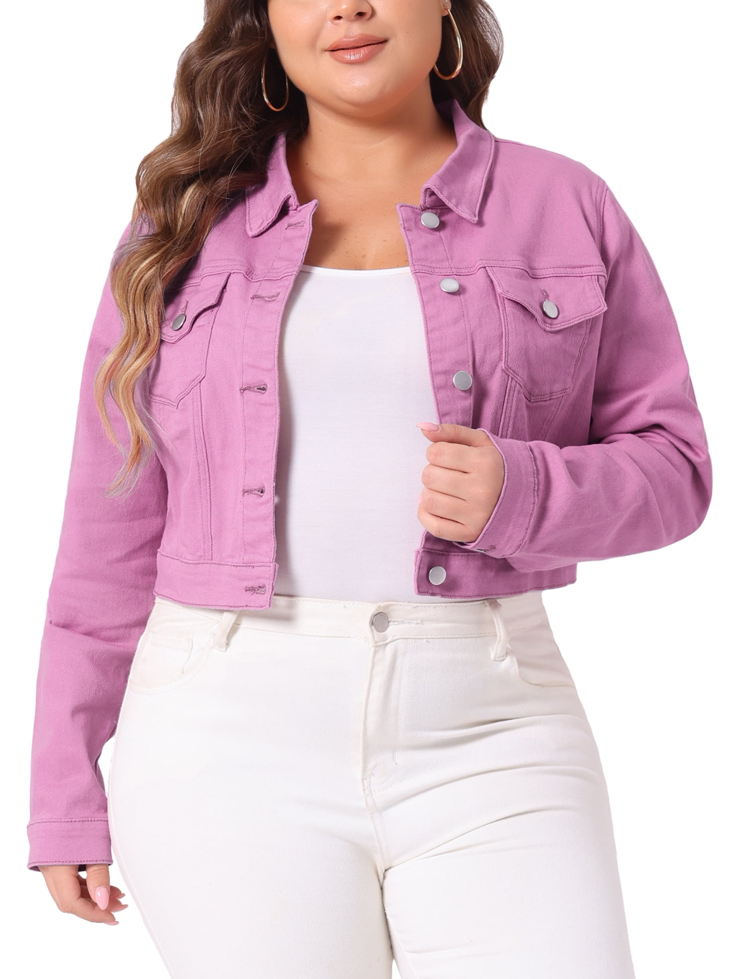 DARING DIVA Women's Plus Button Closed Cropped Denim Jacket 3X Dark Pink