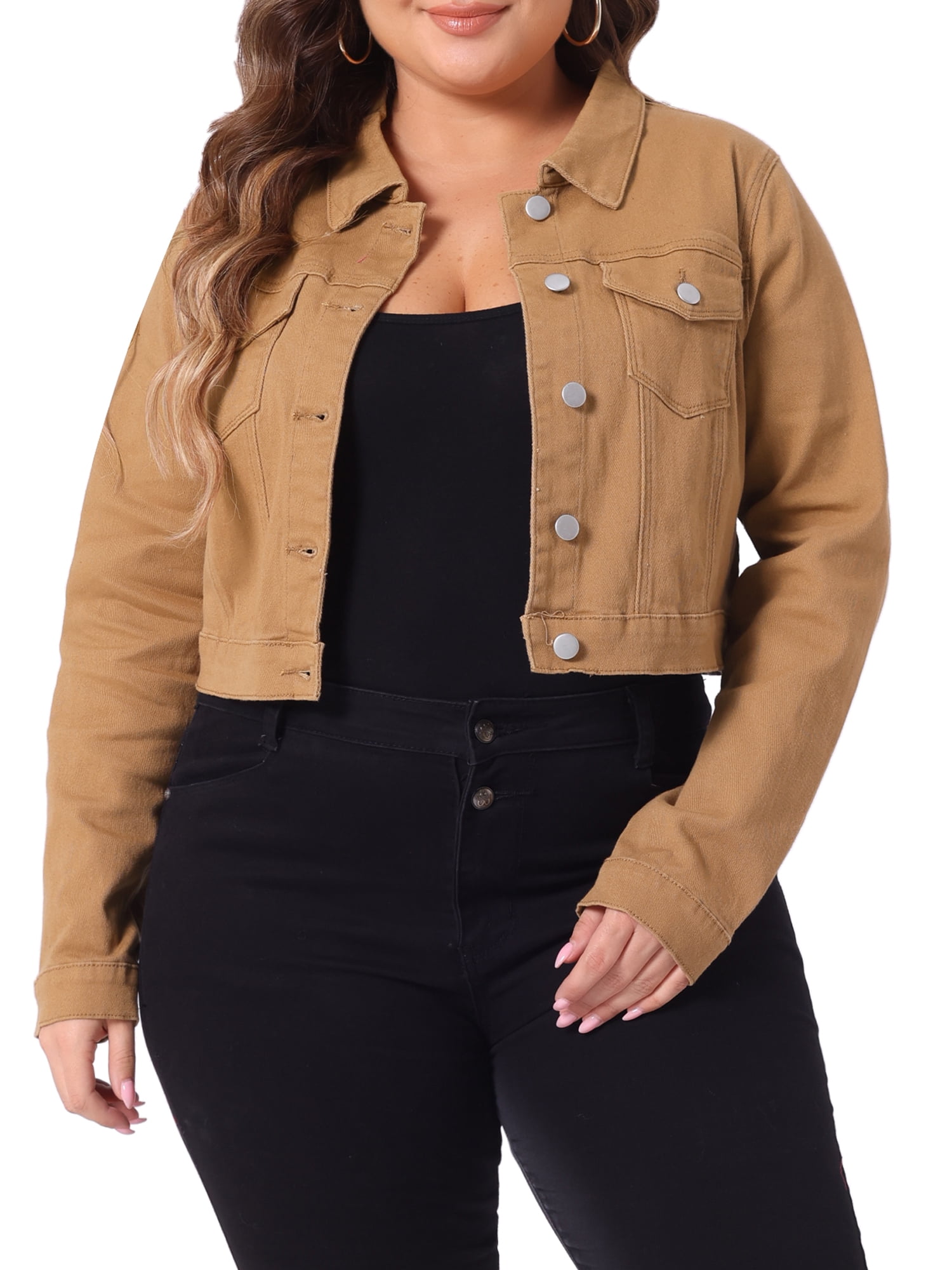 DARING DIVA Women's Plus Button Closed Cropped Denim Jacket 4X Brown