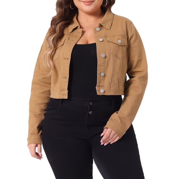 Unique Bargains Women's Plus Size Long Sleeve Jean Button Cropped Denim Jacket 4X Brown