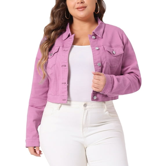 Unique Bargains Women's Plus Size Long Sleeve Jean Button Cropped Denim Jacket 4X Dark Pink