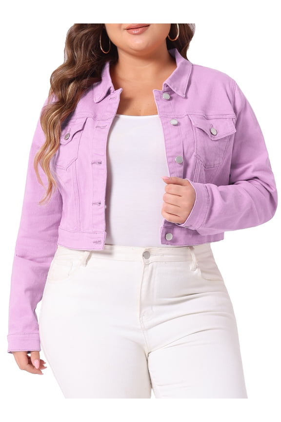 Unique Bargains Women's Plus Size Long Sleeve Jean Button Cropped Denim Jacket 4X Light Purple