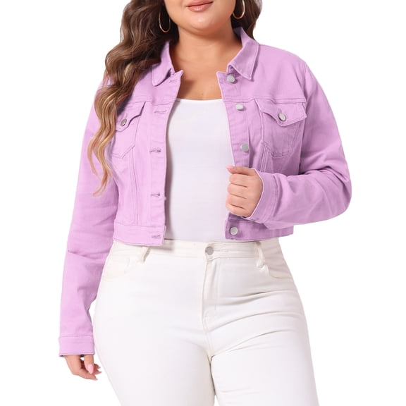 Unique Bargains Women's Plus Size Long Sleeve Jean Button Cropped Denim Jacket 4X Light Purple