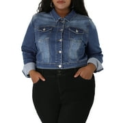 Unique Bargains Women's Plus Size Long Sleeve Jean Button Cropped Denim Jacket