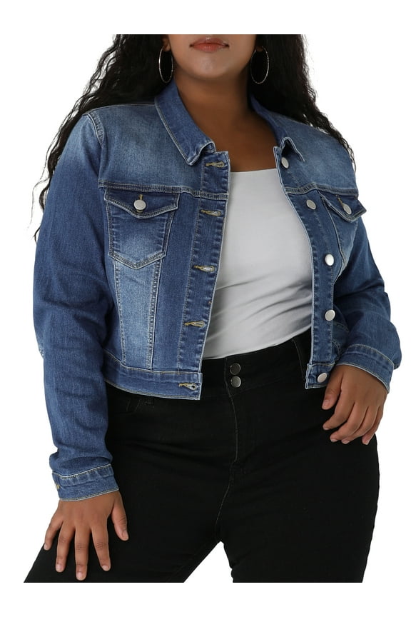 Women's Plus Size Long Sleeve Jean Button Cropped Denim Jacket