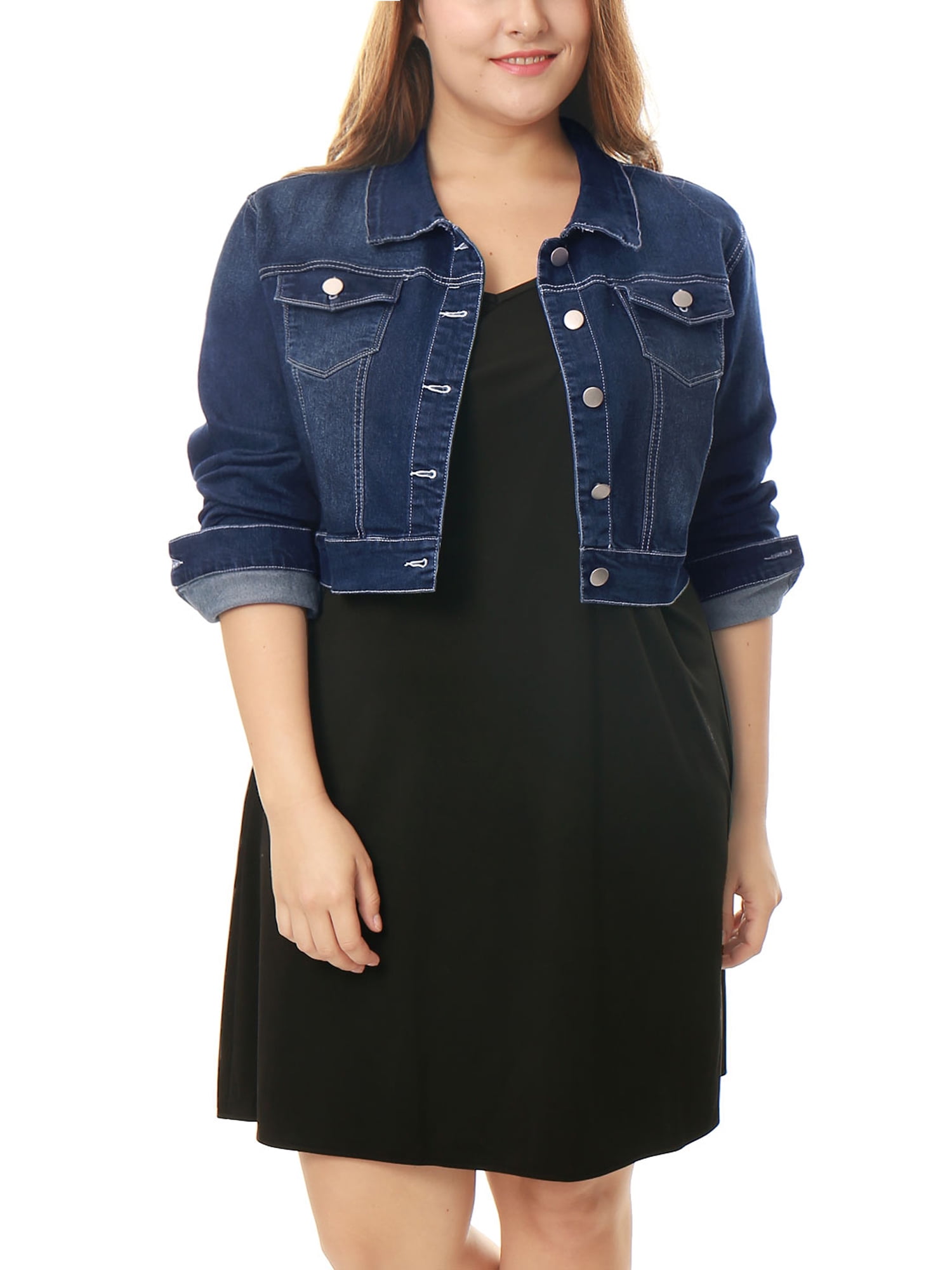 Unique Bargains Women's Plus Size Long Sleeve Jean Jacket Button Cropped Denim Jacket