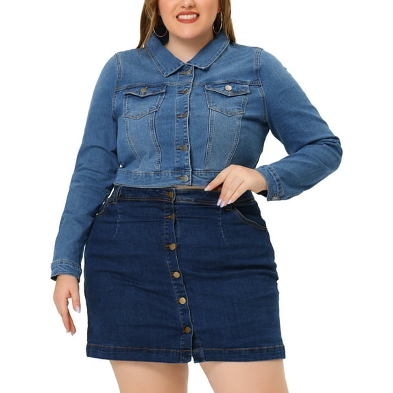 Unique Bargains Women's Plus Size Long Sleeve Jean Button Cropped Denim Jacket