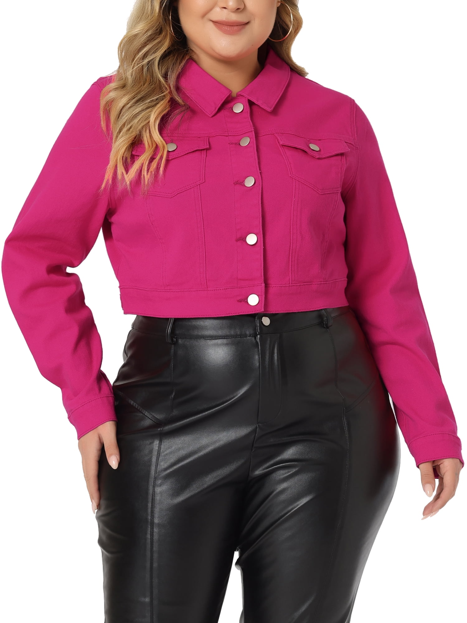 Unique Bargains Women's Plus Size Long Sleeve Jean Button Cropped Denim Jacket