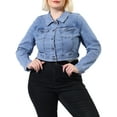 thumbnail image 1 of Unique Bargains Women's Plus Size Long Sleeve Jean Button Cropped Denim Jacket, 1 of 6