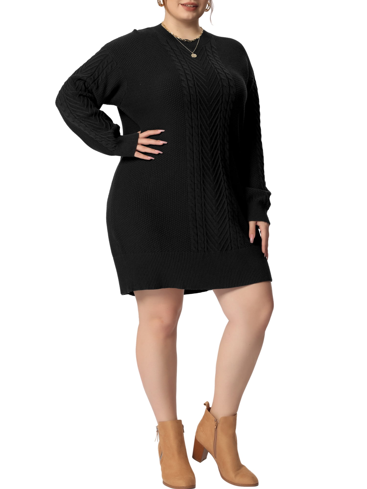 plus size black sweater dress Unique Bargains Women's Long Sleeve Knit Pullover Short Dresses 1X and a comfortable fit custom size prom dress Elegant Black Gold Beading Shoe Size:7