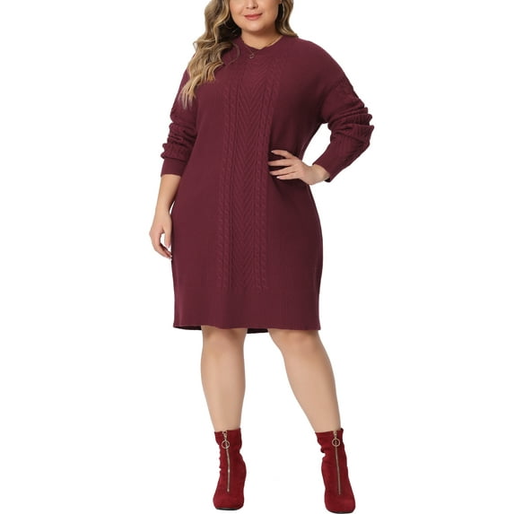 Unique Bargains Women's Plus Size Long Sleeve Knit Pullover Short Sweater Dresses 1X Burgundy