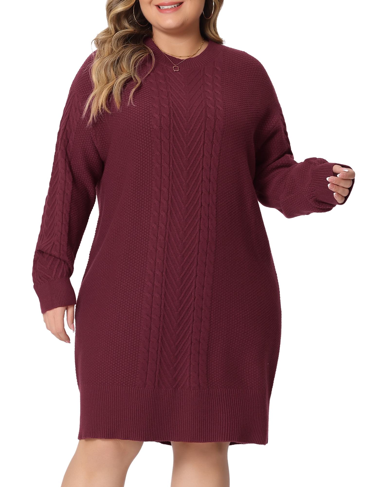 DARING DIVA Women's Plus Size Long Sleeve Knit Tunic Pullover Dresses 3X Burgundy