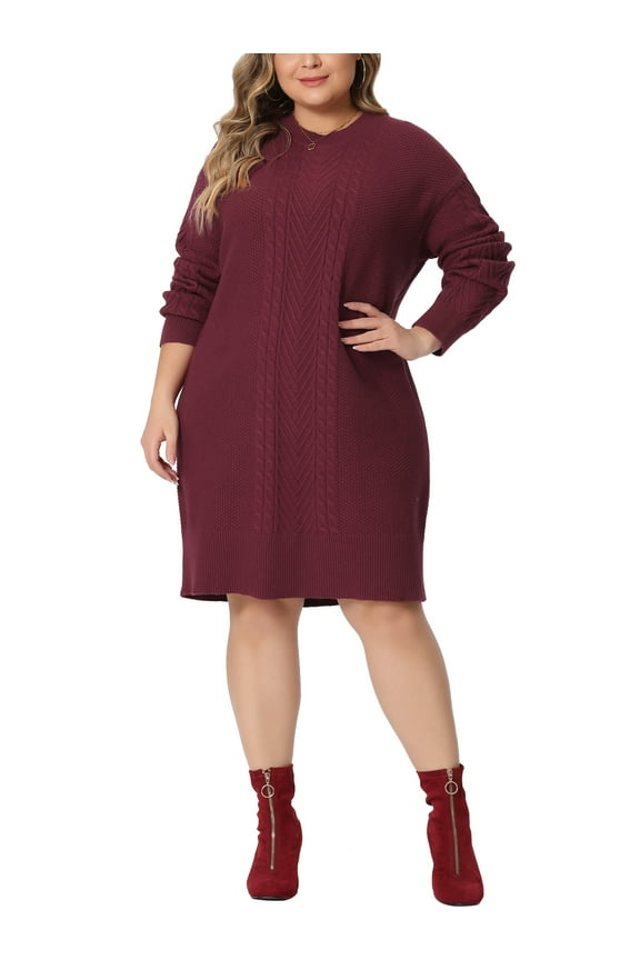 Women's Plus Size Long Sleeve Knit Pullover Short Sweater Dresses 4X Burgundy