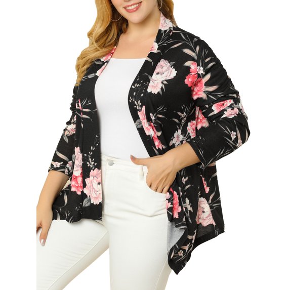 Unique Bargains Women's Plus Size Long Sleeve Leopard Print Asymmetric Hem Cardigan 1X Navy Blue
