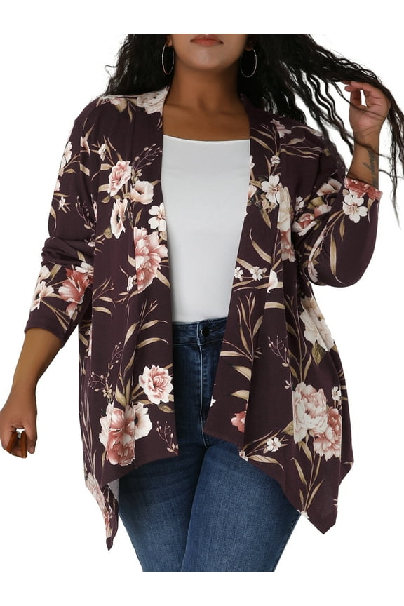 Plus Size Leopard Print Asymmetric Hem Cardigan 3X Burgundy