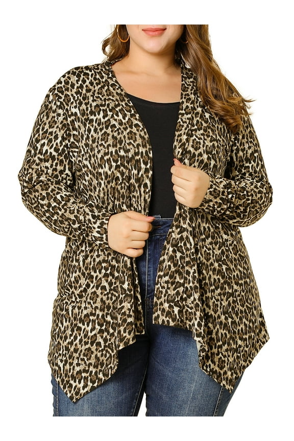 Plus Size Leopard Print Asymmetric Hem Cardigan 4X Brown
