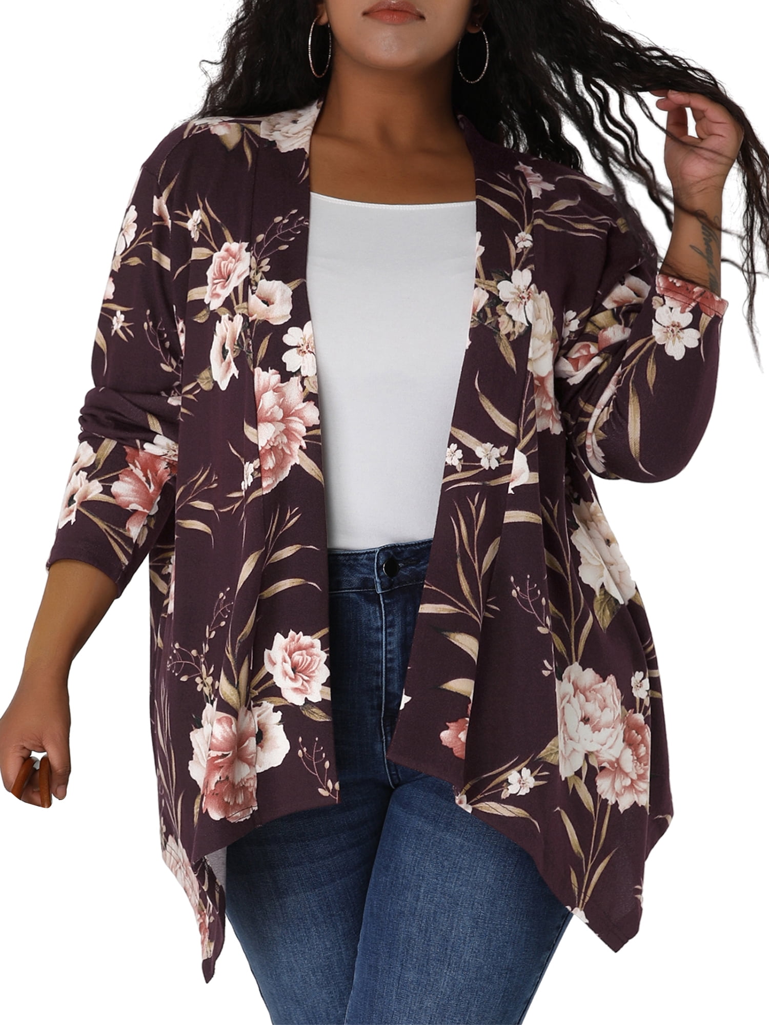 DARING DIVA Women's Plus Size Leopard Print Asymmetric Hem Cardigan 4X Burgundy