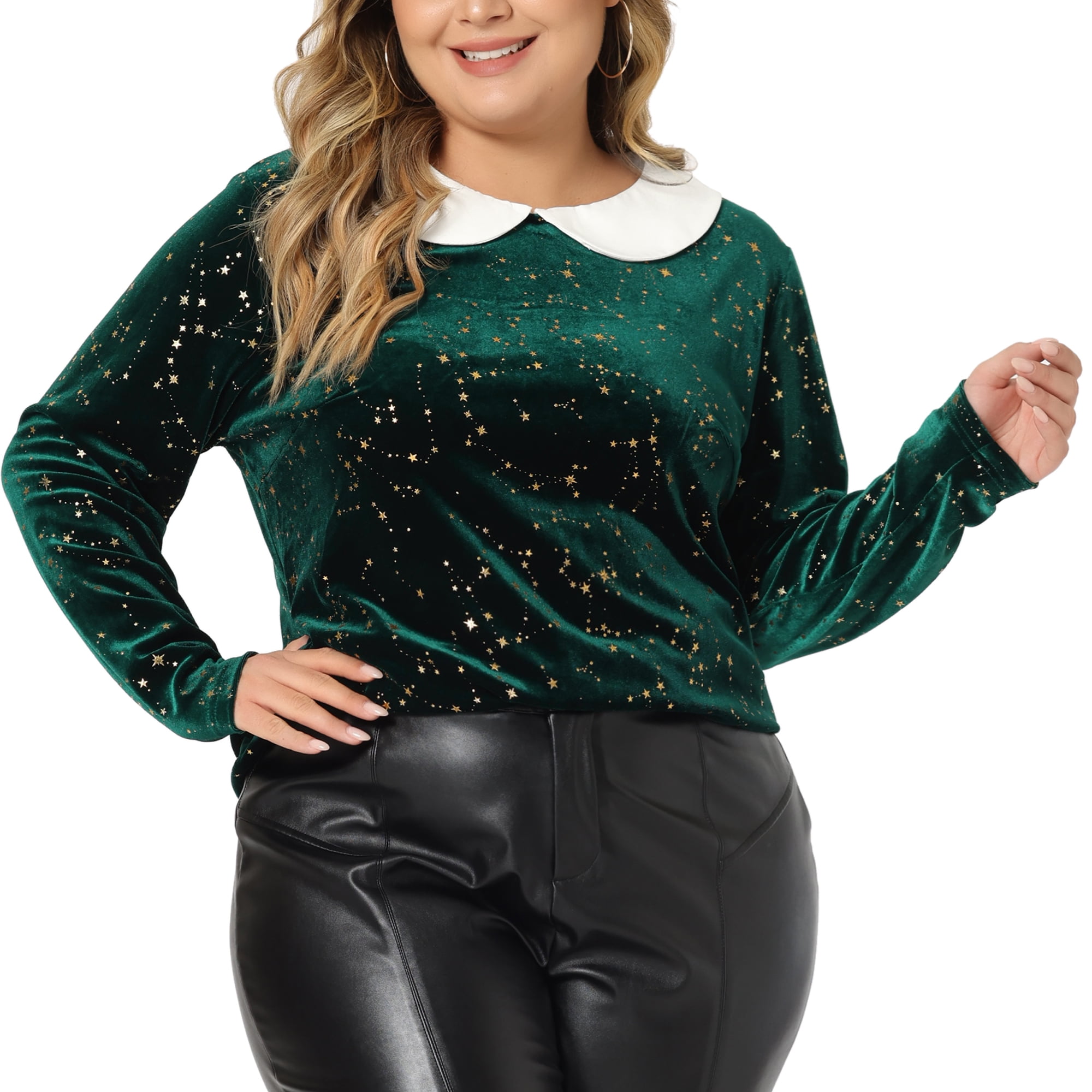 Unique Bargains Women's Plus Size Long Sleeve Peter Pan Collar Vintage Velvet Tops 2X Green